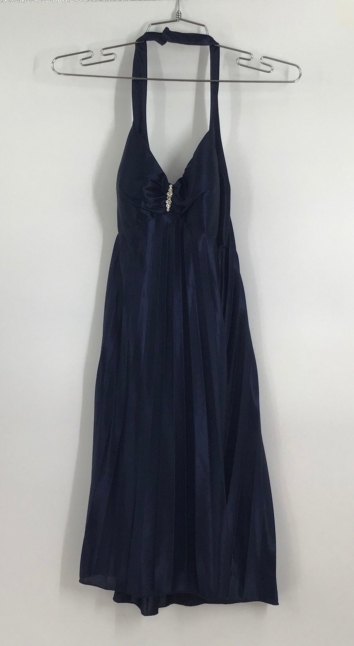 NWT Blondie Nites By Linda Bernell Women&#39;s Navy Blue Halter Neck Maxi Dress-Sz 1