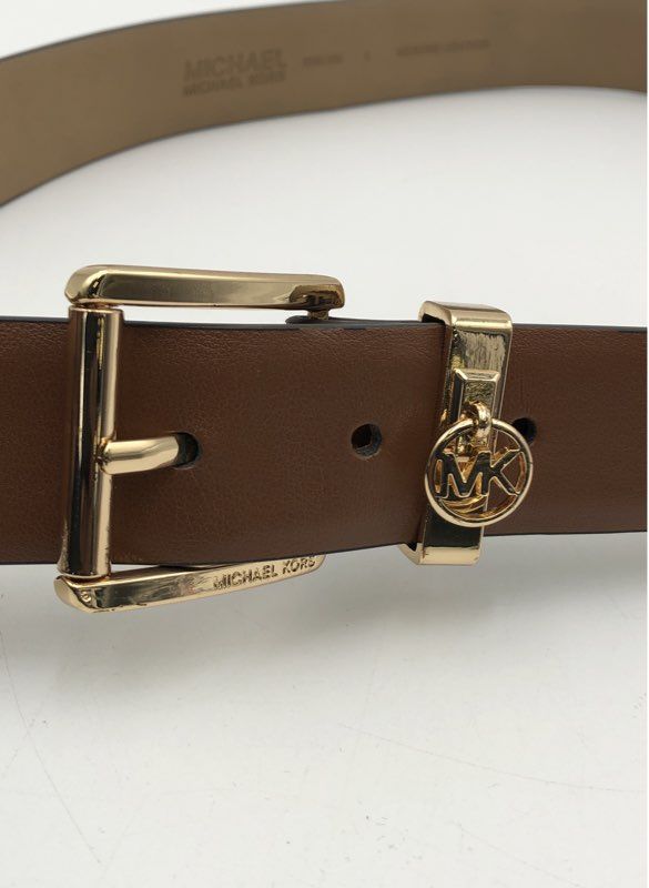 Michael Kors Women's Belt Brown Genuine Leather Gold Tone MK Logo Charm Size L