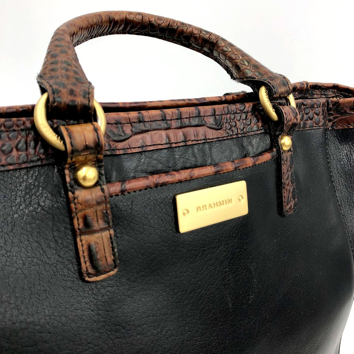 Vintage Brahmin Black Leather Shoulder Bag with Brown Croc Embossed Trim (+COA)