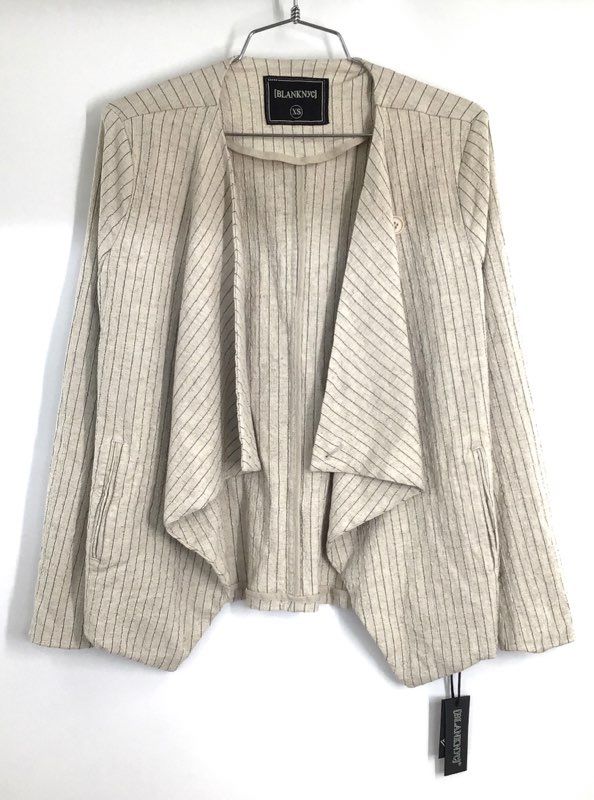 BlankNYC Women's Beige Pinstripe Draped Open Front Linen Blend Jacket Sz XS NWT