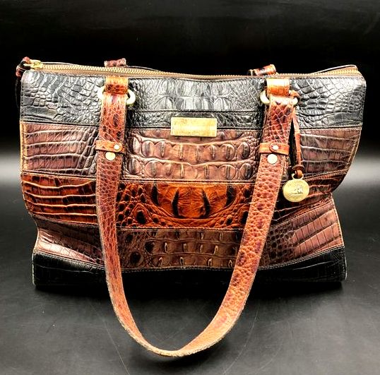 Brahmin Vintage Brown Black Croc Embossed Leather Tote Bag COA