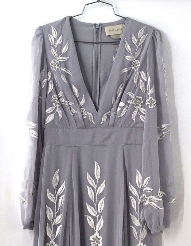 BHLDN Alana Women's Gray Beaded Embroidered Floral Maxi Dress Gown Size 6