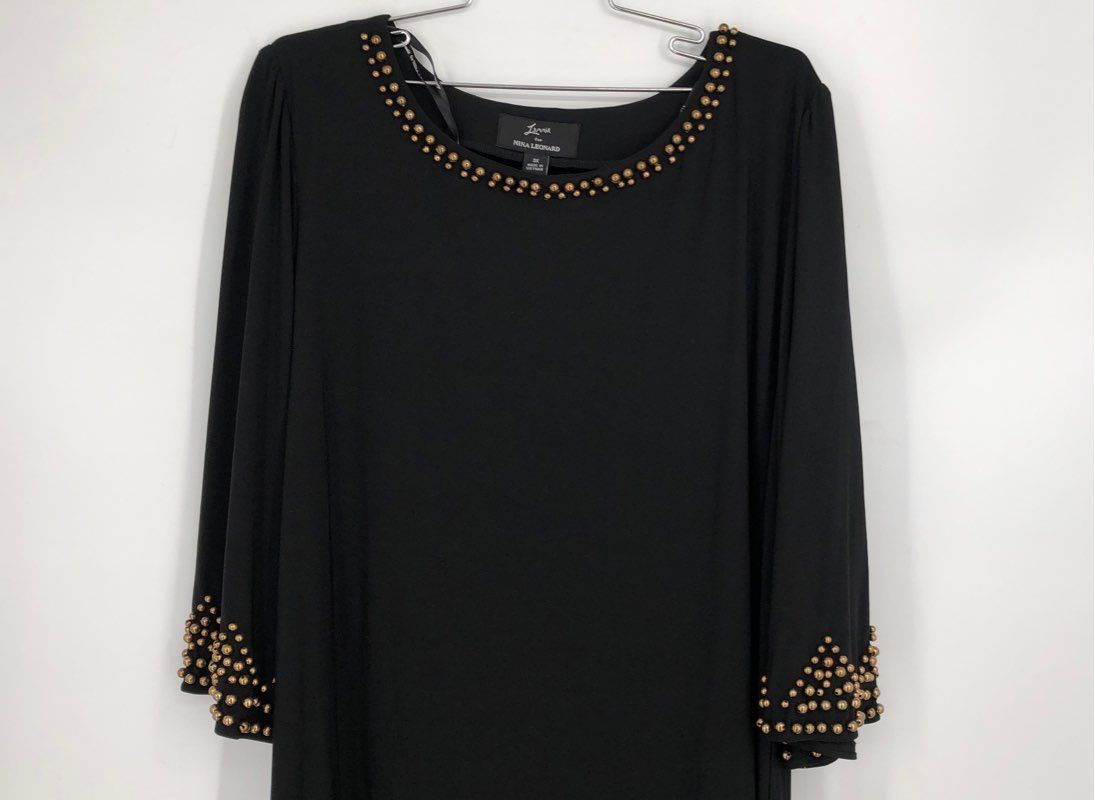 NWT Lennie For Nina Leonard Women&#39;s Black Beaded Round Neck Shift Dress - Sz 3X