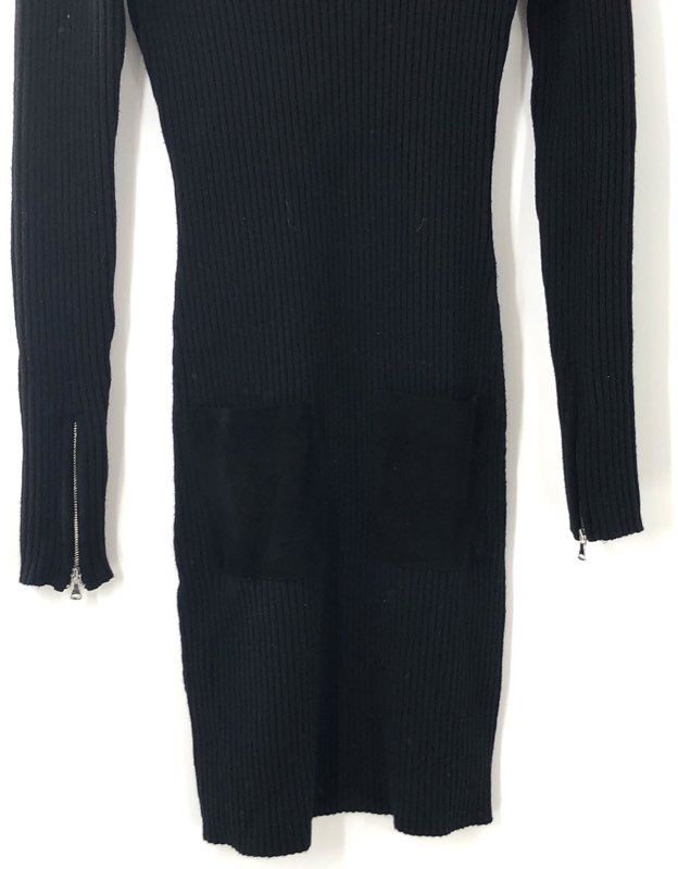 Milly Women's Black Ribbed Wool Knit Turtleneck Dress Suede Pockets Sz M