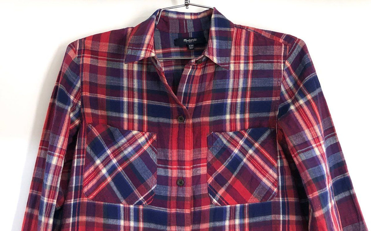Madewell Women's Red Blue Purple Plaid Flannel Button Down Shirt Sz XXS