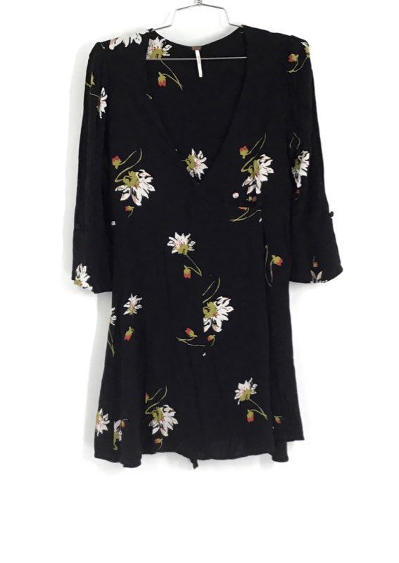 Free People Women&#39;s Black Floral Bell Sleeve V-Neck Mini Dress - Size Small