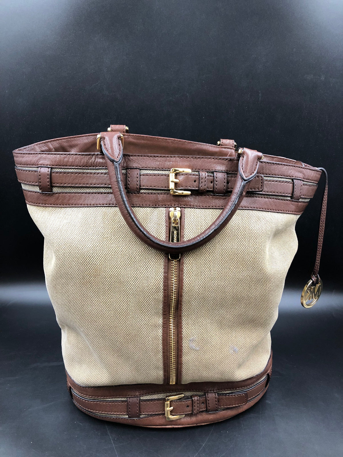 Vintage Michael Kors Brown Burlap Leather Chine Tote Bag Gold Hardware COA
