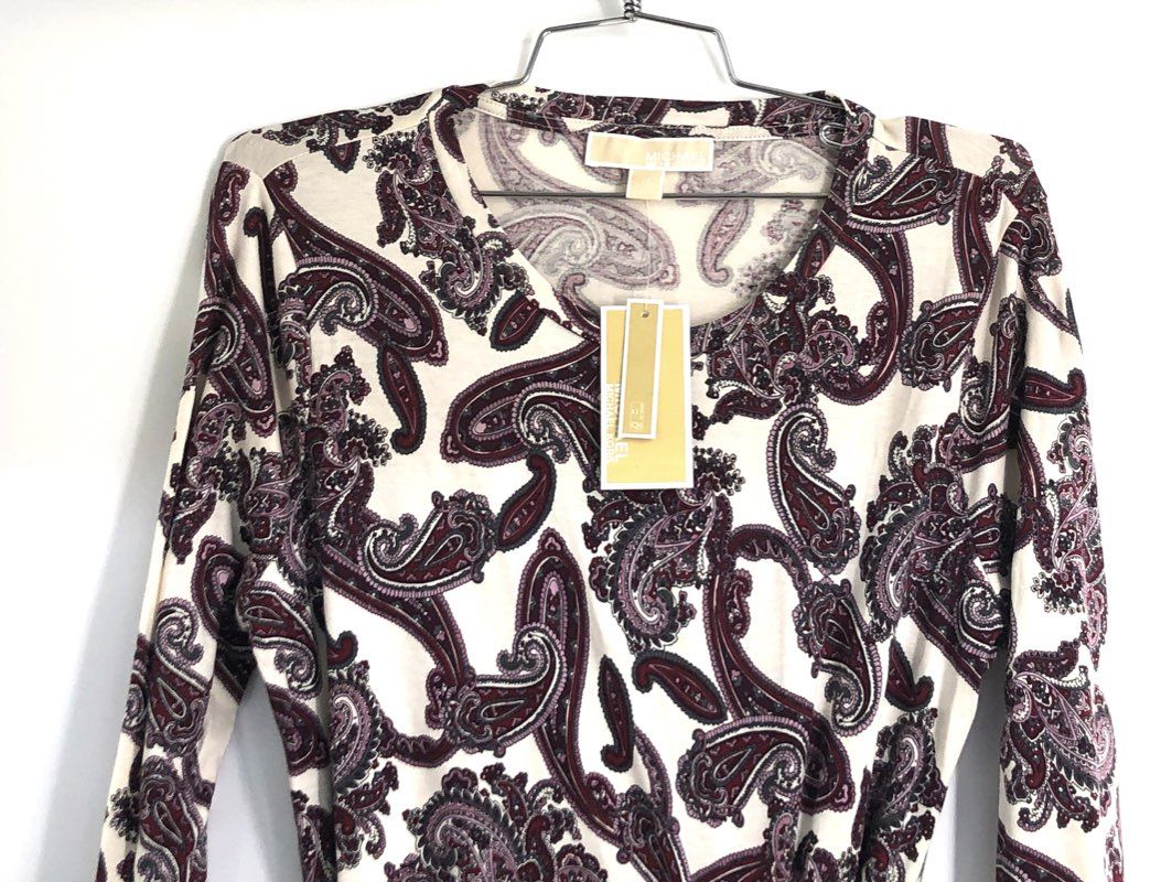 Michael Kors Women's Bone Purple Paisley Long Sleeve Ring Wrap Dress NWT Sz M