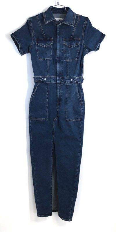 Good American Women's Indigo Blue Denim Utility Maxi Dress Short Sleeve NWT Sz S