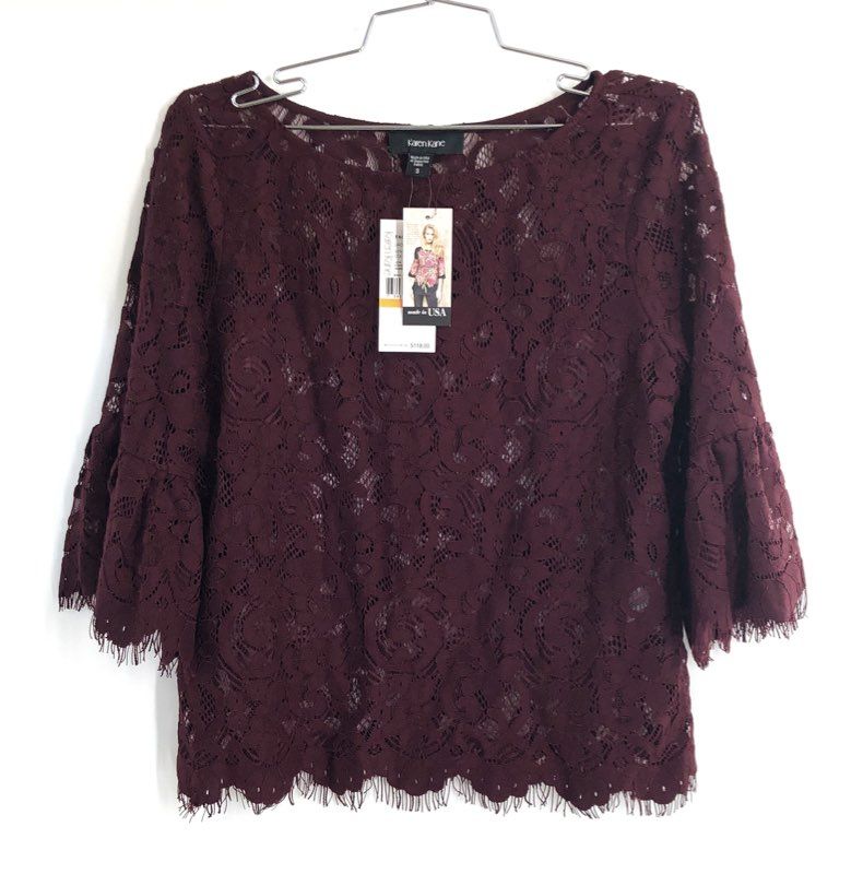 Karen Kane Women's Wine Floral Lace Bell Sleeve Blouse NWT Sz S