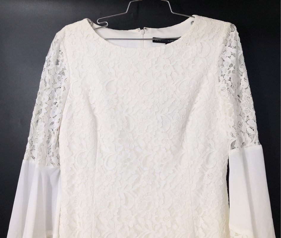 NWT White House Black Market Women's Ecru Bell Sleeve Lace Shift Dress - Size 8