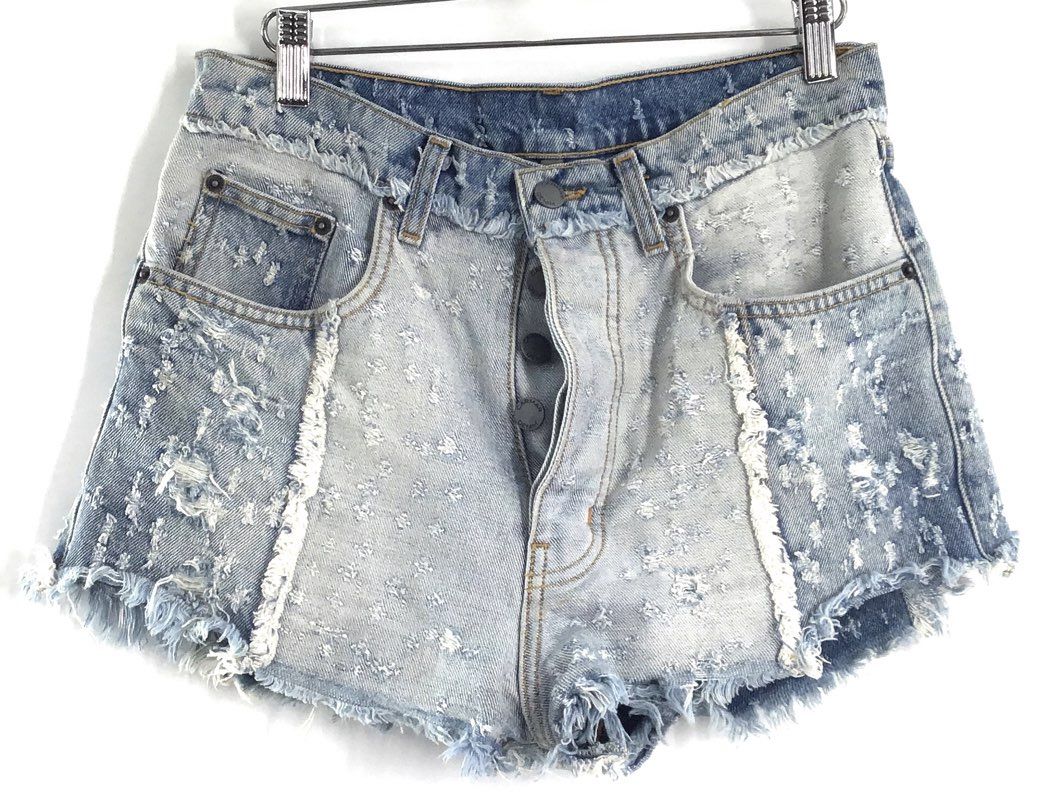 Carmar Women's Light Wash Distressed High Rise Denim Patchwork Shorts Sz 27