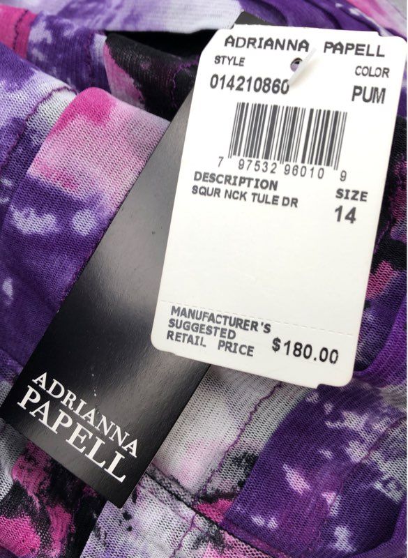 Adrianna Papell Women's Purple Pink Floral Tiered Tulle Square Neck Dress NWT 14