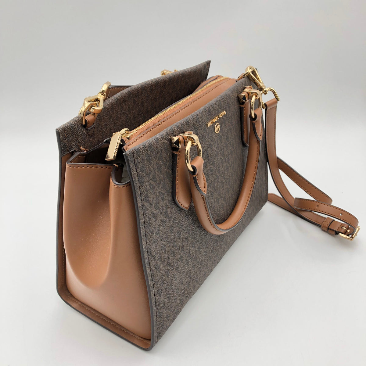 Michael Kors Brown Monogram Marilyn Satchel Crossbody Bag Gold Hardware COA