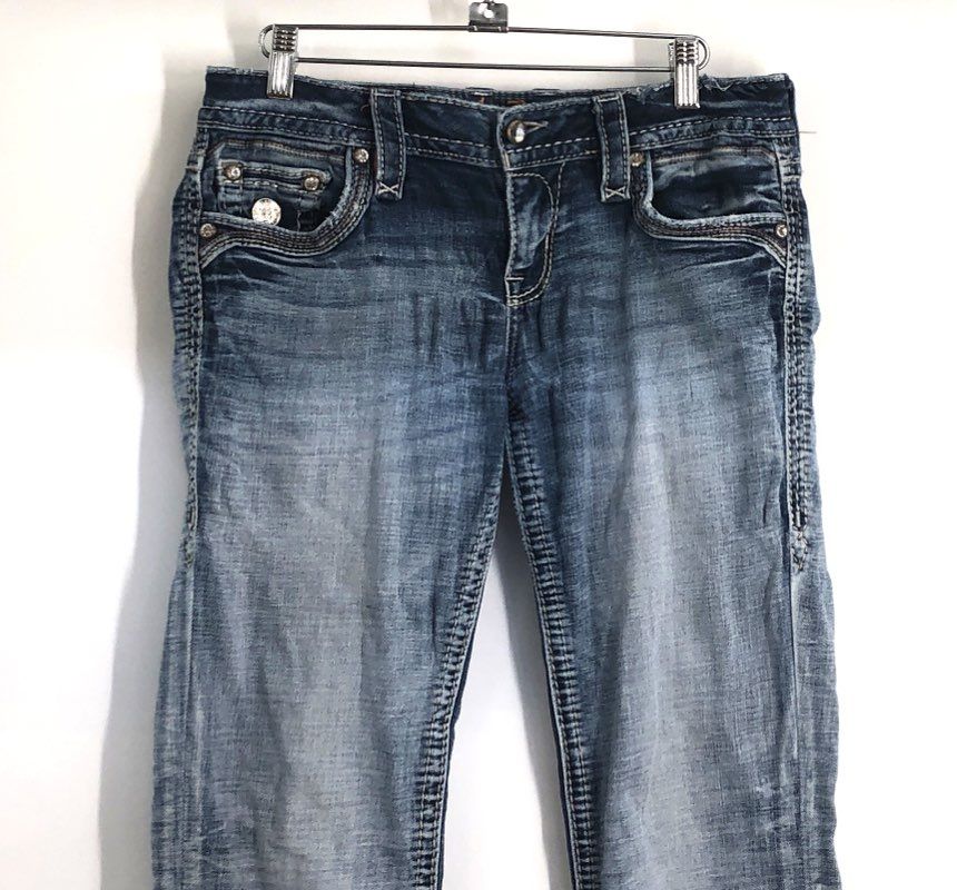 Rock Revival Women's Belva B205 Bootcut Jeans Blue Whiskered Embellished Sz 28