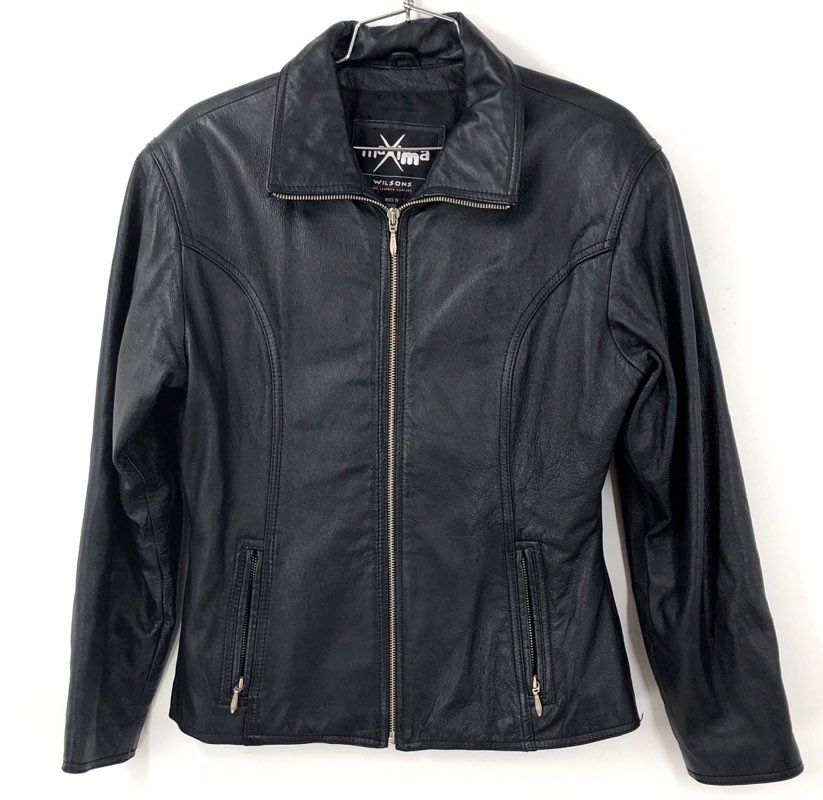 Vintage Y2K Wilsons Leather Maxima Women's Black Moto Jacket Full Zip Size M