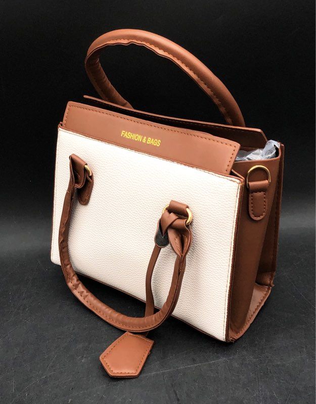 Fashion & Bags White Brown Faux Leather Structured Satchel Crossbody Handbag