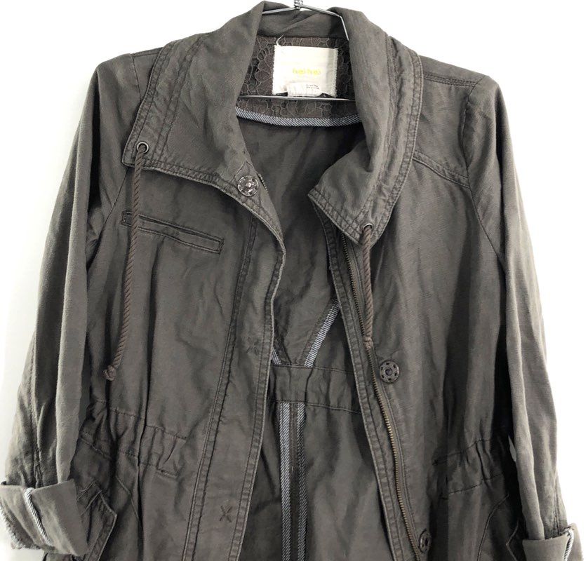Hei Hei Women's Gray Lace Back Floral Detail Full Zip Utility Field Jacket Sz XS