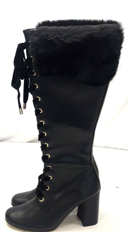 Nanette Lepore Black Faux Leather Fur Trim Lace Up Knee High Boots Size 10