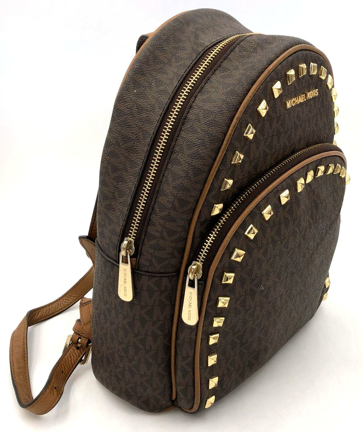 Michael Kors 'Abbey' Brown Signature Print Backpack w/ Gold Studded Trim (+COA)