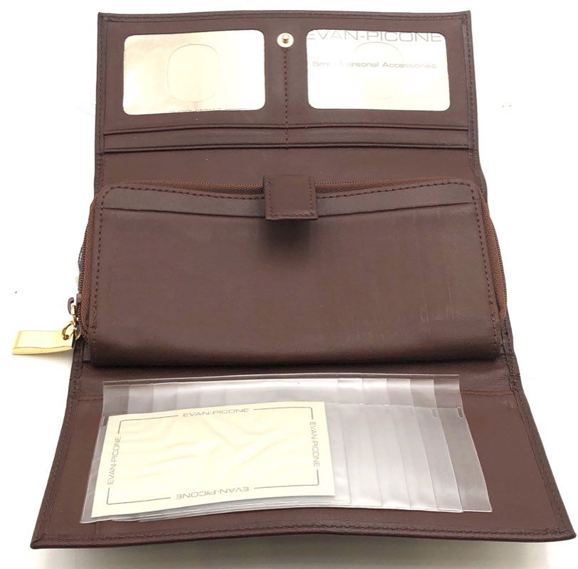Evan-Picone Brown Leather Vintage NWT Organizer Clutch Wallet Gold Hardware