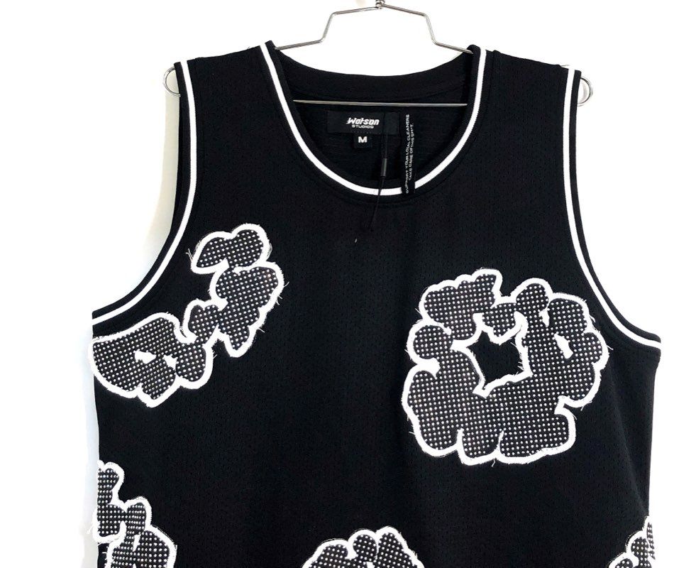 Watson Studios Men's Basketball Jersey Black Floral Patch Mesh Applique Sz M