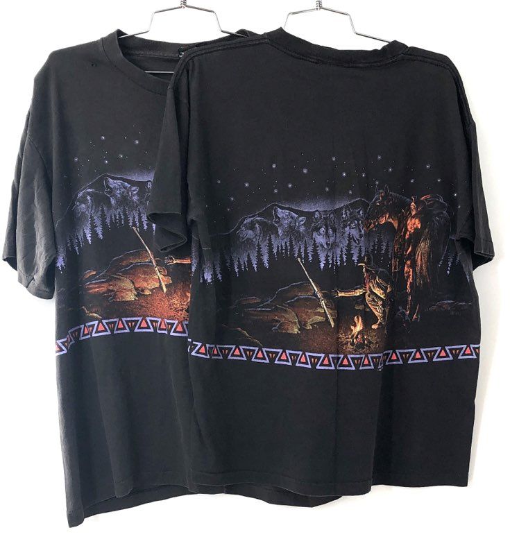 Vintage 1992 Habitat Cowboy Wolf Campfire T-Shirt Single Stitch Made in USA Sz L