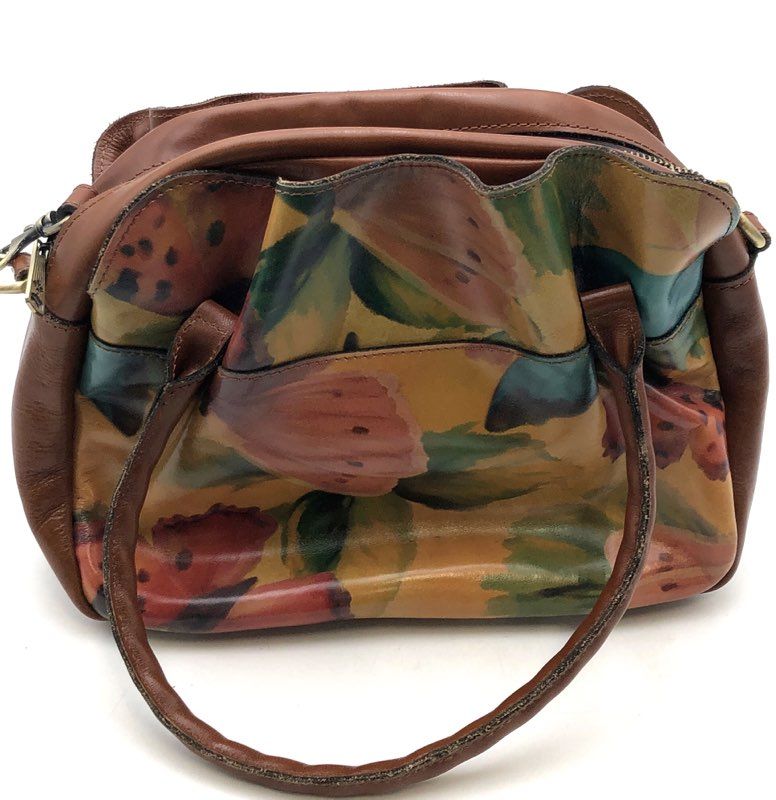 Patricia Nash Brown Leather Floral Butterfly Print Satchel Crossbody Bag