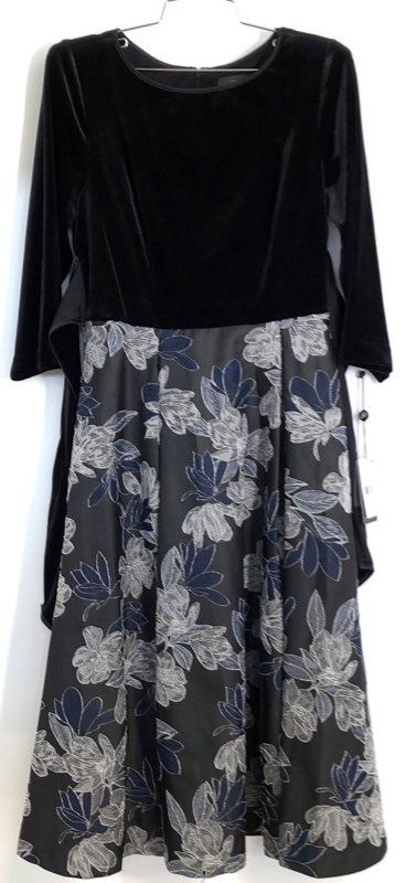 Adrianna Papell Women's Velvet Jacquard Midi Dress Black Navy Floral NWT Sz 4