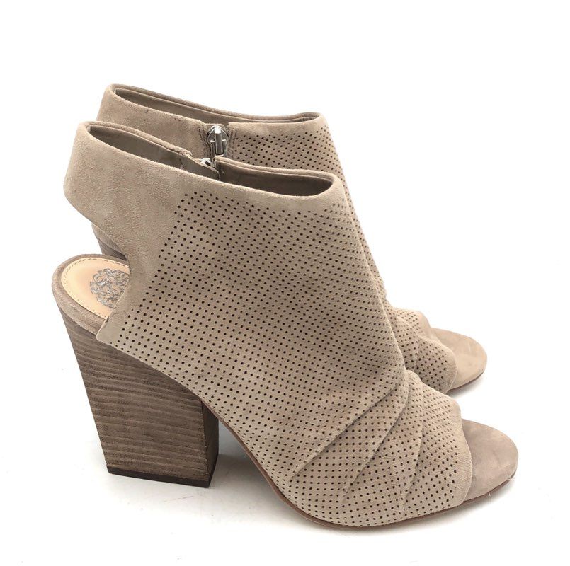 Vince Camuto Kentvi Taupe Perforated Suede Peep Toe Wedge Booties Size 9.5