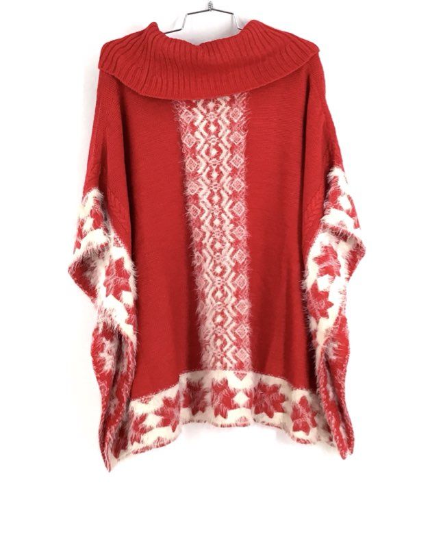 NWT Black Rivet Women&#39;s Red Ivory Knitted Turtleneck Poncho Sweater - Size L