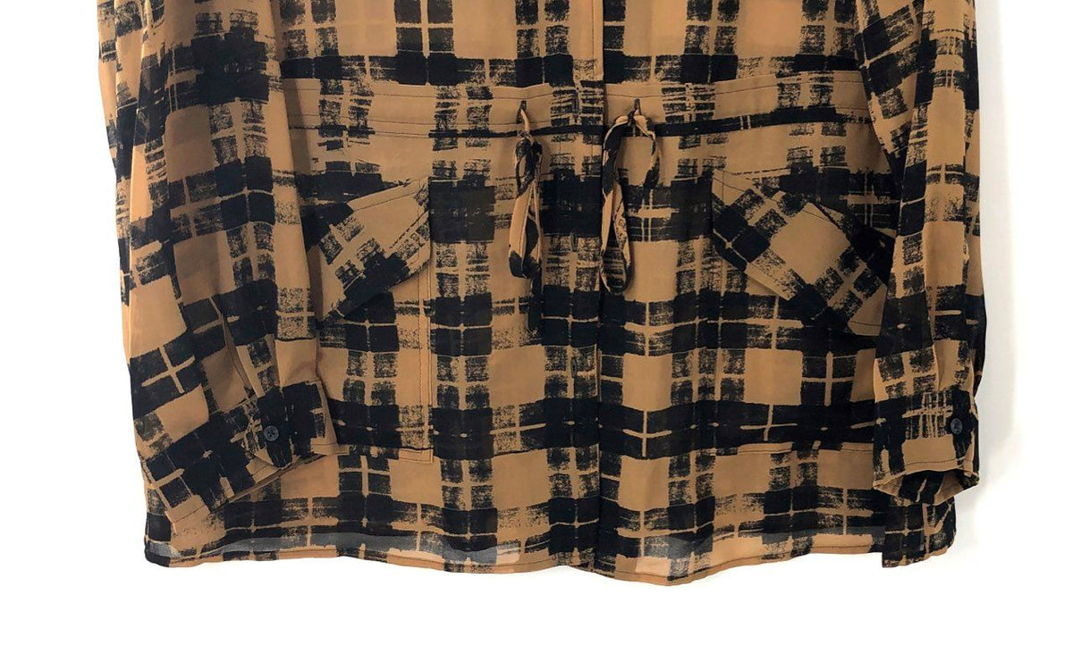 Calvin Klein Women's NWT Sheer Plaid Utility Blouse Tan Black Drawstring Sz XL