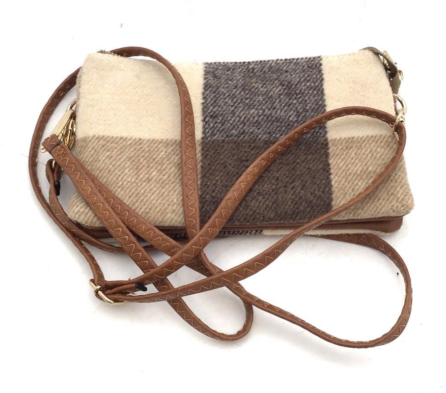 Jen & Co Brown Beige Plaid Buffalo Check Crossbody Wallet Bag Gold Hardware